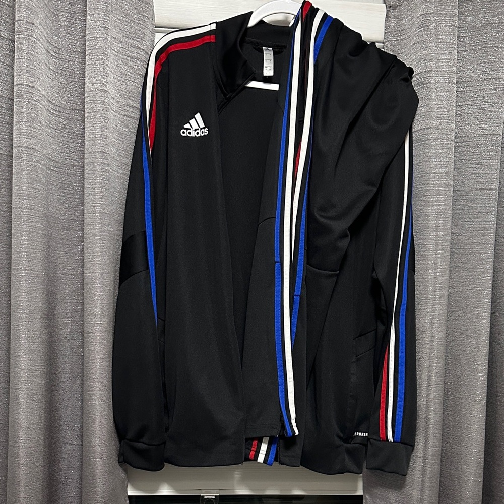 Adidas Men's Black Jacket with Red, Blue, and White Stripes